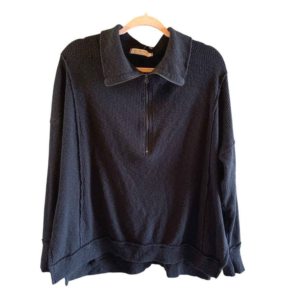 We The Free Womens Small Walkaway Charcoal Black Half Zip Ribbed Knit Sweater
